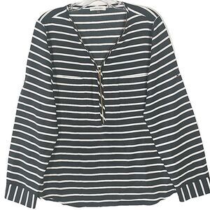 Calvin Klein Size L Blouse Black White Stripe Long Sleeve Zipper V-Neck Tunic